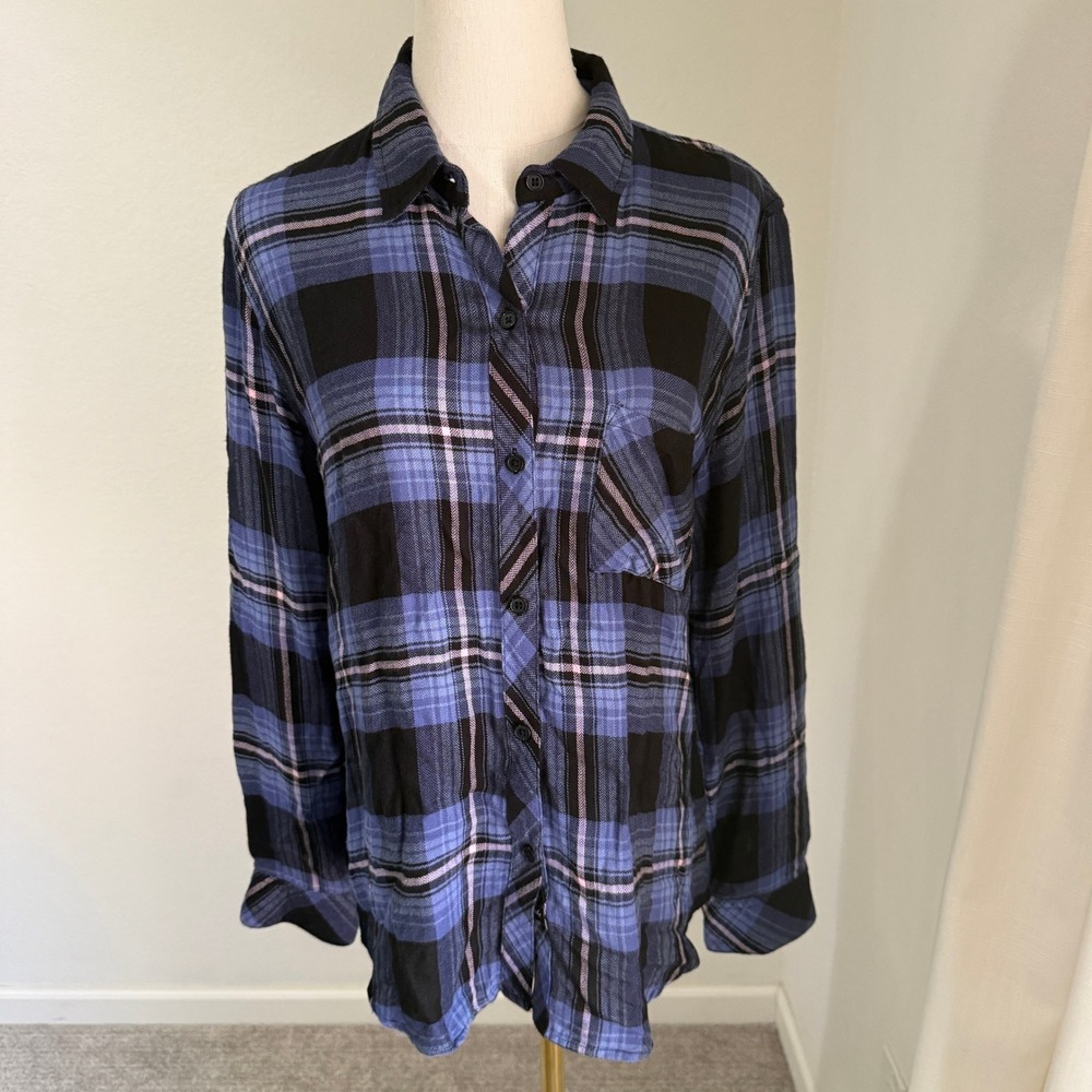 Rails Hunter Midnight Blue Pink Plaid Rayon Flannel Medium Grunge Soft Girl Fall